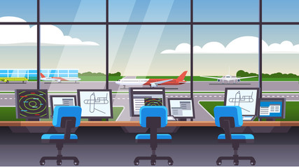 Airfield with plane, airliner and jet on runway