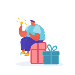 Christmas and Happy New Year greeting card with people characters. Man with gifts, celebration, party, winter holidays. Vector illustration for postcard, poster, invitation