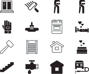 home vector icon set such as: step, perfect, board, cloth, weld, electronic, liquid, fire, hob, electrical, meal, burner, finger, pair, leak, pipe, burst, transportation, protection, leakage, welder