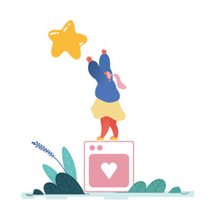 Woman leaving best star rating. People character experience and satisfaction, positive feedback, rating work, product or service review and evaluation. Modern flat vector illustration