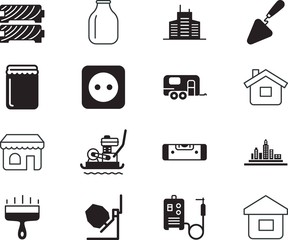 home vector icon set such as: can, camp, mobile, website, lumber, sale, manufacturing, skyline, spirit, van, property, vibration, different, cement, leveling, hotel, camping, marmalade, vibrating