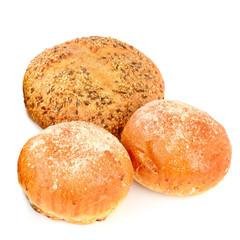 Appetizing grain bread and buns isolated on white background.