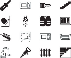 home vector icon set such as: show, entertainment, decoration, housework, transportation, door, stairway, website, display, health, farm, danger, interior, ice, lift, broadcast, heavy, wood, step