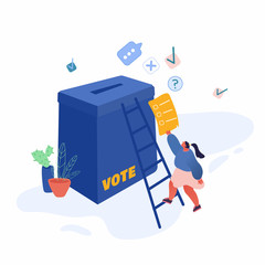 Voting and Election concept template design. Pre-election campaign. Promotion of people candidate characters. Citizens debating, putting paper vote in to the ballot box candidates. Vector illustration