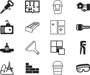 home vector icon set such as: ski, worker, granite, health, glasses, contractor, transportation, website, protection, secure, security, recreation, lock, site, blueprint, smart, farm, mop, drill