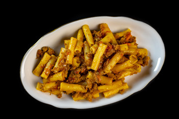 Pasta with meat. Macaroni with fried minced meat.