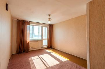 Russia, Moscow- June 23, 2018: interior room apartment. standard repair decoration in hostel. old not modern decor