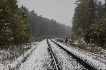 Fototapeta premium First snow fallows on railway in the green and yellow forest, man walks