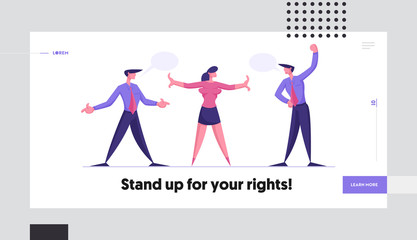 Business Challenge Different Point of View Website Landing Page. Disagreement Arguing Men Prepare to Fight. Businesswoman Trying to Stop Fighting Web Page Banner. Cartoon Flat Vector Illustration