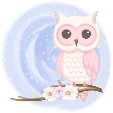 Cute owl and floral hand drawn illustration watercolor on blue
