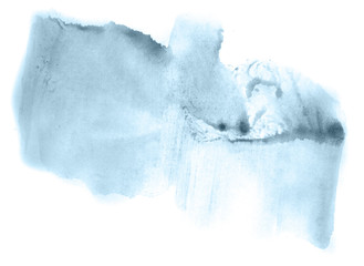 Abstract watercolor background hand-drawn on paper. Volumetric smoke elements. Cyan blue color. For design, web, card, text, decoration, surfaces.