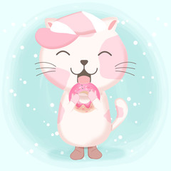 Obraz na płótnie Canvas Cute cat with donut hand drawn cartoon watercolor illustration