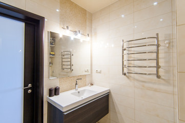 Russia, Moscow- June 23, 2018: interior room apartment. standard repair decoration in hostel. bathroom and toilet