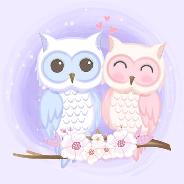 Cute couple owl hand drawn cartoon watercolor illustration on purple background
