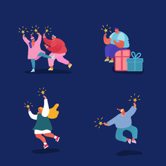 Set of people characters, celebrating Christmas and Happy New Year. Men and women with fireworks on party, winter holidays. Vector illustration for postcard, poster, invitation