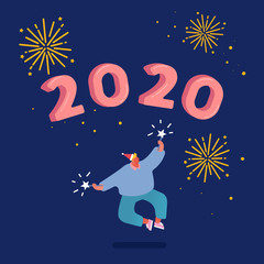 Christmas and Happy New Year greeting card with dancing people characters with 2020 year. Man celebration, party, winter holidays. Vector illustration for postcard, poster, invitation