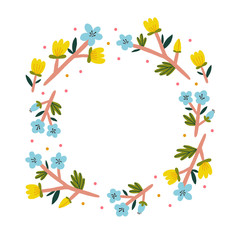 Cute vector floral wreath with small dots. Beautiful hand drawn round frame with flowers.