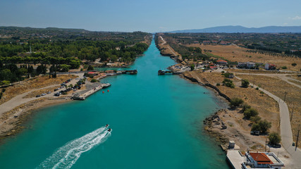 Aerial photo taken by drone of Corinth Canal of Isthmos or Isthmus connecting mainland with Peloponnese, Greece
