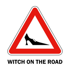 Lady witch in a car vector sign. Heeled shoe icon. Holiday halloween funny sticker. Lady on the board