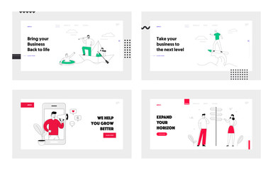 Business Leadership, Social Media Blogging, Crossroad Website Landing Page Set. Business People Lifestyle, Choosing Road in Life, Challenge Web Page Banner. Cartoon Flat Vector Illustration, Line Art