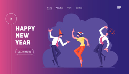 Business People Celebrating New Year and Christmas Party Website Landing Page. Joyful Characters in Santa Hats and Deer Horns Dance on Corporate Event Web Page Banner. Cartoon Flat Vector Illustration