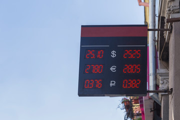 Currency rate display hanging on the street