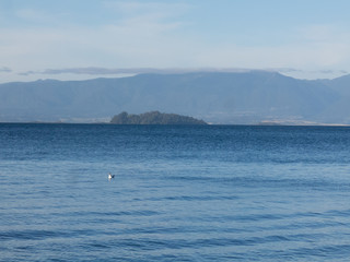 Panorama of Lake Ranco, the third largest lake in Chile. In the middle, Huapi Island. In the region of Los R&iacute;os, in Araucan&iacute;a or Patagonia, Chilean Andes. South of Chile