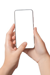 Hand girl holding a modern smartphone with a blank screen. Isolated on white background.