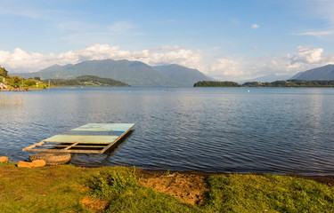 Serene panorama of the calm waters of Panguipulli Lake, from the village of Panguipulli. Patagonian area, Chile.