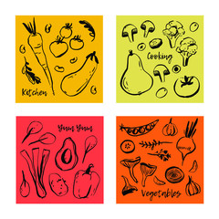 Beautiful Vector posters with hand drawn Vegetables. Concept designs with different Veggies. Printable Food art.