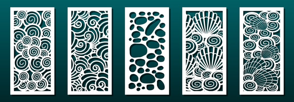 Laser cut pamels template, vector set. Abstract underwater design with seashells.