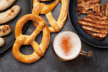 Oktoberfest set. Pretzels, sausages and lager beer