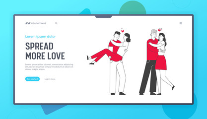 Obraz na płótnie Canvas Loving Couple Romantic Relations Website Landing Page. Man Holding Woman on Hands, Hugging and Kissing. Happy Lovers Dating, Romance and Love Web Page Banner. Cartoon Flat Vector Illustration Line Art