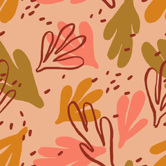 Beautiful abstract texture with hand drawn leaves shapes. Vector seamless pattern with Ink Shapes and Outlines. Abstract artistic background.
