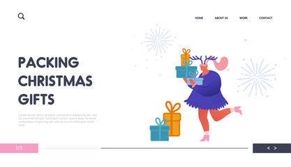 Christmas and Happy New Year greeting card with people characters with 2020 year for web design, banner, mobile app, landing page. Woman with Gifts Celebration, party, holidays. Vector illustration