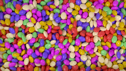 Fototapeta na wymiar Scattered multi-colored jelly beans. Candy background image. 3D Rendering.