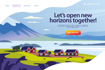 Vector landing page design template with beautiful flat nordic mountains and seacoast village landscape illustration. Special offer, vacation discount banner concept. For travel agency, touristic firm