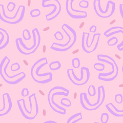 Beautiful abstract texture with cute rounded shapes. Vector seamless pattern with ink shapes, dots and brush strokes. Modern background.