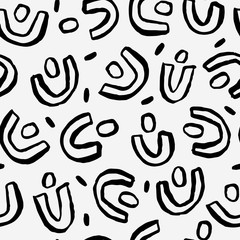 Beautiful abstract texture with cute rounded shapes. Vector seamless pattern with ink shapes, dots and brush strokes. Modern background.