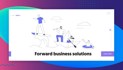 Obraz na płótnie Canvas Business Competition Website Landing Page. People Riding Ship and Surf Board on Sea Waves. Man with Life Buoy. Businesspeople on Paper Boat Web Page Banner. Cartoon Flat Vector Illustration, Line Art