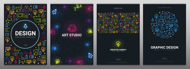 Art Studio, Graphic Design, Creative Agency and Vector Graphic. Set of Backgrounds with doodle design elements. - obrazy, fototapety, plakaty