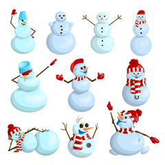 Funny and funny vector snowmen in cartoon style.