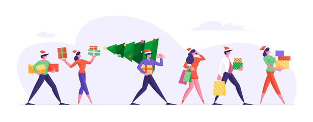 Business People Walking on Corporate Party with Gifts and Greetings. Happy Colleagues Carrying Christmas Tree and Presents Preparing for Winter Season Holidays Event. Cartoon Flat Vector Illustration