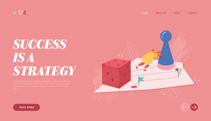Winning Female Illustration for web design, banner, mobile app, landing page. Strategic planning, Teamwork concept, Business risk. People character playing board game, throwing the dice. Vector