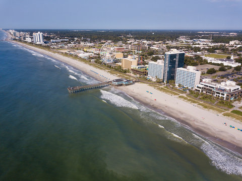 Aerial view of tourist area, beach, and hotels in Myrtle Beach, South Carolina
