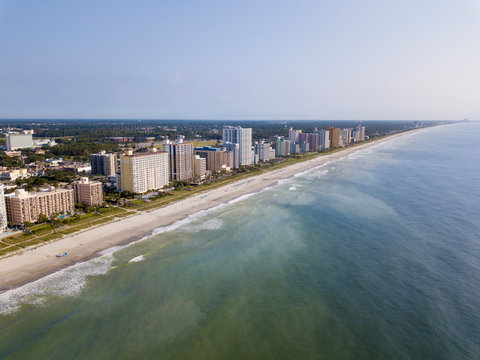 Aerial view of tourist area, beach, and hotels in Myrtle Beach, South Carolina