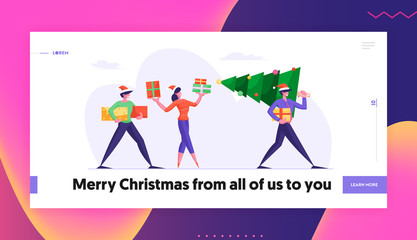 Obraz na płótnie Canvas Business People Walking on Corporate Party Website Landing Page. Happy Friends Carrying Christmas Tree Preparing for Winter Season Holidays with Gifts Web Page Banner. Cartoon Flat Vector Illustration