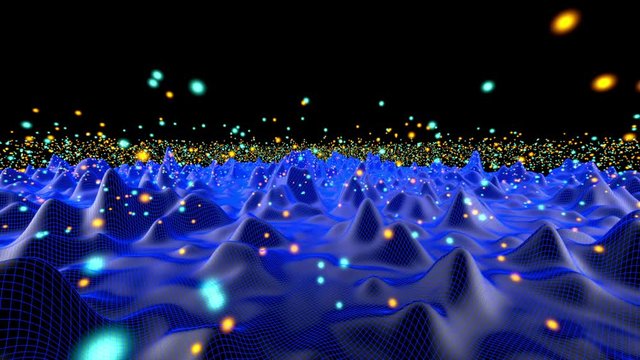 3D rendered Animation of particle physics, dancing particles and wave form vibrations symbolising the dualism of both concepts in quantum physics.