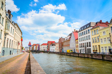 Beautiful canal and traditional houses in the old town of Bruges (Brugge), Belgium