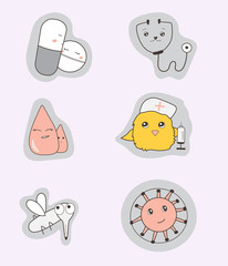 Cute cartoon characters tablets, bacteria, blood, stethoscope, thermometer.